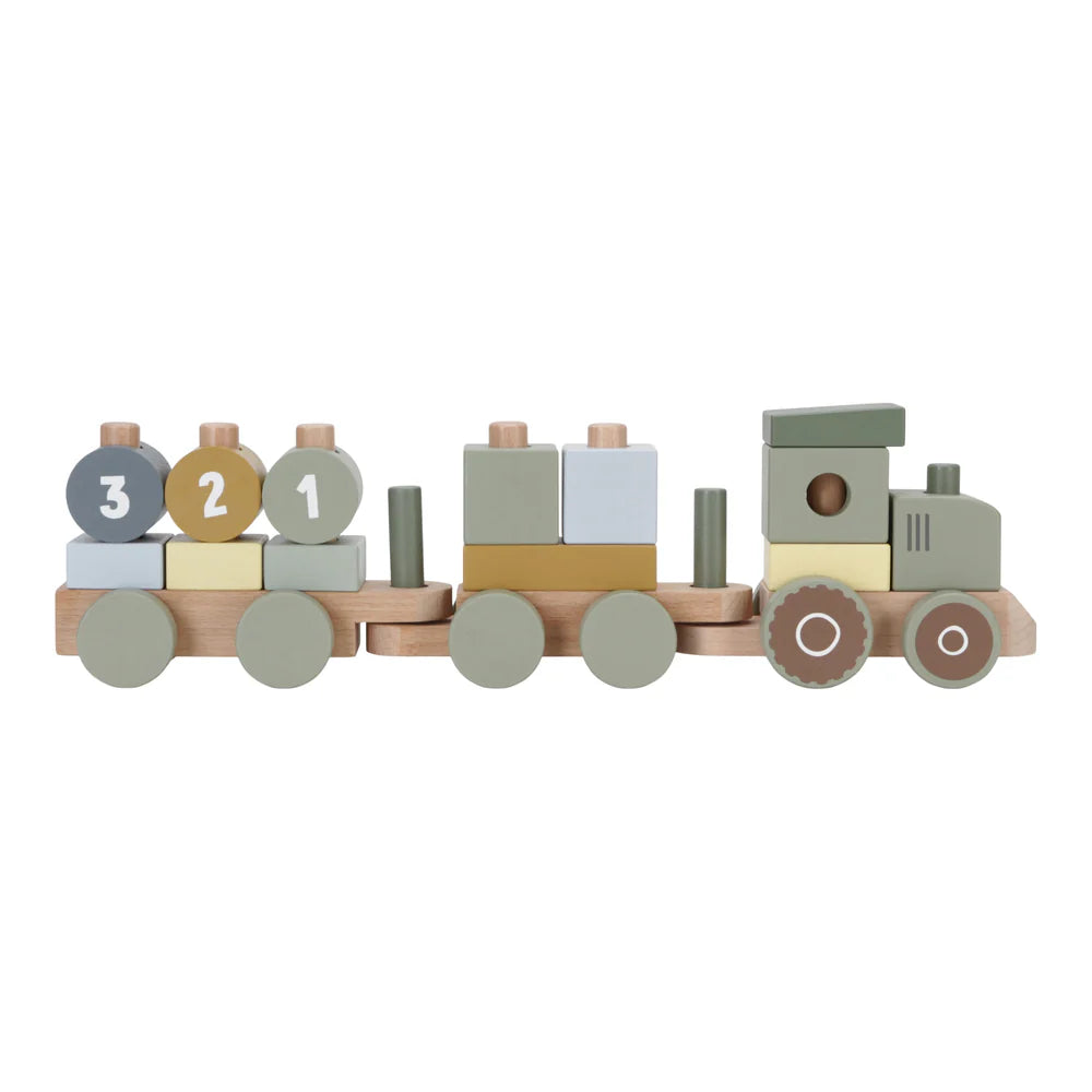 wooden tractor stacking train in pastel green, blue and mustard