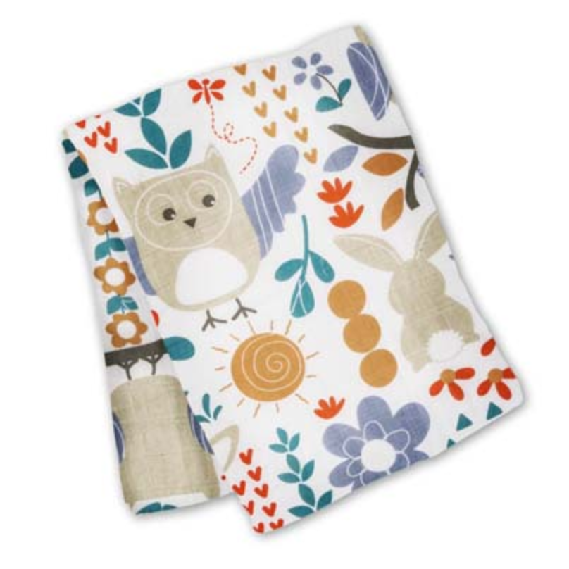 white swaddle with an owl and bunny