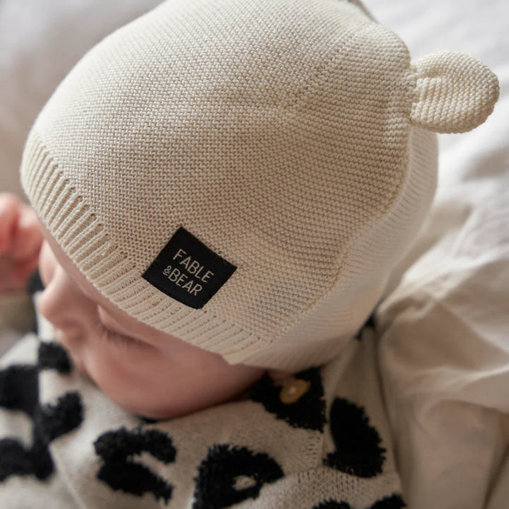 cream or black organic cotton knit baby hat with ears 