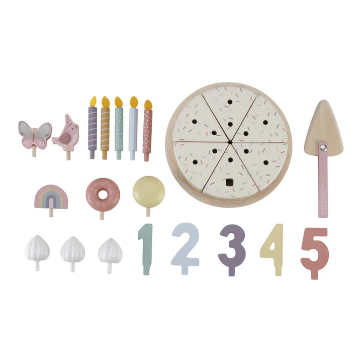 wooden birthday vcake with rainbows, robins, butterflies, donughts and macaroons to decorate , wooden numbers 1-5 and birthday candles