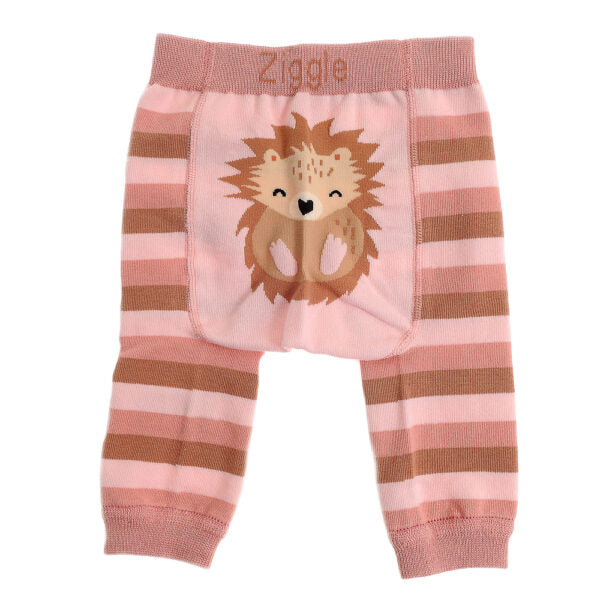 pink stripped baby knit leggings with pink hedgehog om the bunm