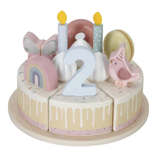 wooden birthday vcake with rainbows, robins, butterflies, donughts and macaroons to decorate , wooden numbers 1-5 and birthday candles 