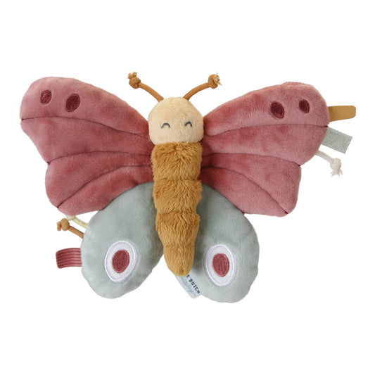 Soft butterfly toy in pink, green and mustard with sensory knots and taggies 