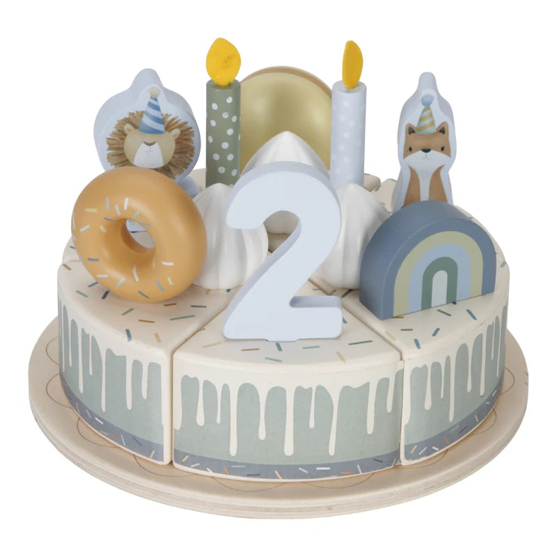 wooden birthday cake in blue, white and green with numbers 1 to 5, birthday candles and dougnut and party animals to decorate