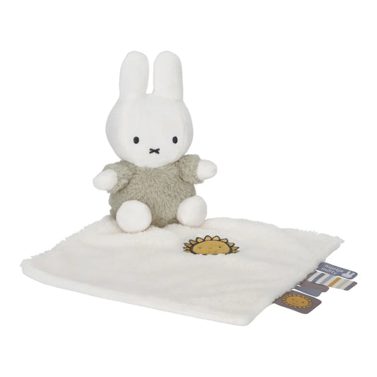 white Miffy cuddle cloth with white Miffy in green fluffy outfit and taggies