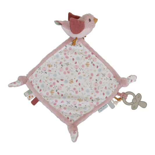 Baby cuddle cloth with a pink bird soft toy attached and sensory taggies Cuddle cloth in pink and white with a soft fleece outside and ffloral fabric inside and a bird soft toy arrached
