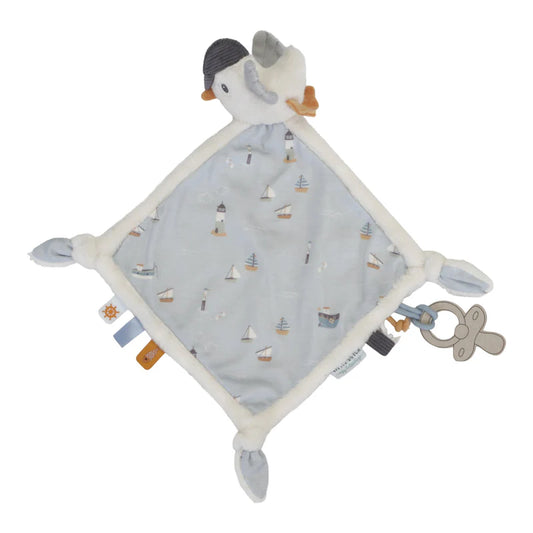 Soft seagul with baby comforter in blue and white with sailboat design