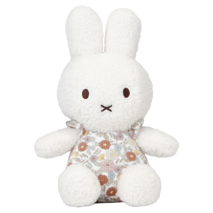 gift box with white miffy plush in floral dress, white Miffy comforter with floral design, white Miffy soft rattle with floral handle in a gift box