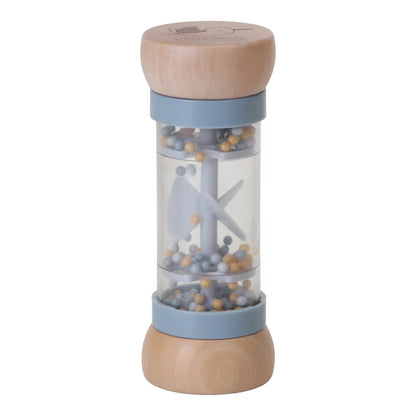 Rain rattle sensory toy, wooden ends blue and yellow beads