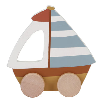 Wooden push along sailboat in blue and white stripes