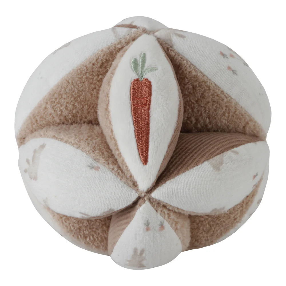 neutral baby sensory ball in soft caramel and white with embroidered bunnies