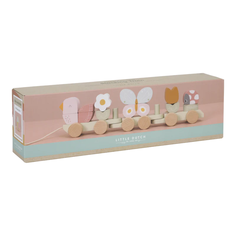 wooden train woith flowers and butterflies stacking blocks and pull a long string in pastel pinks, green and blue