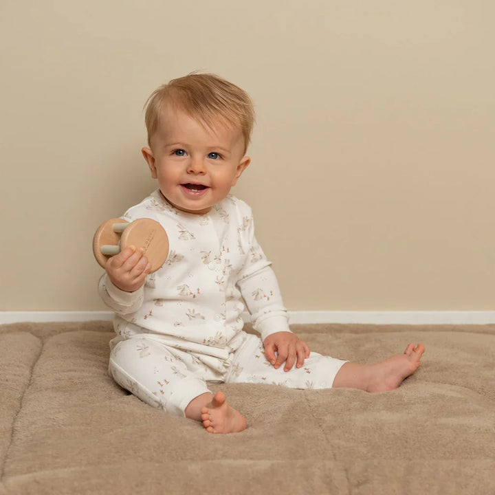 wooden roller rattle in natural and white wood 