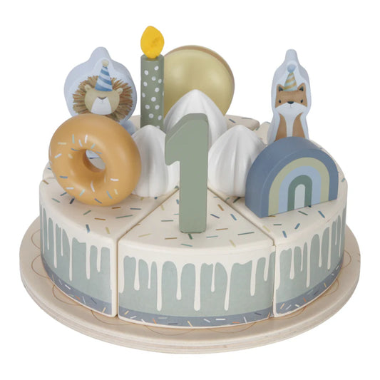 wooden birthday cake in blue, white and green with numbers 1 to 5, birthday candles and dougnut and party animals to decorate