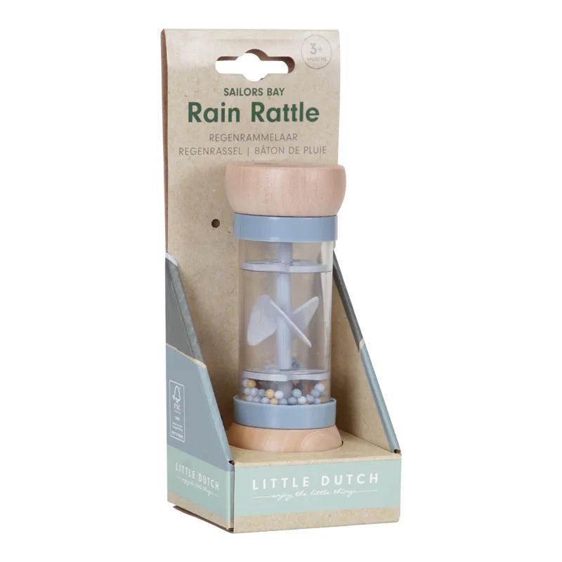 Rain rattle sensory toy, wooden ends blue and yellow beads