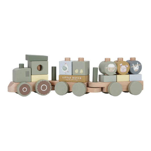 wooden tractor stacking train in pastel green, blue and mustard