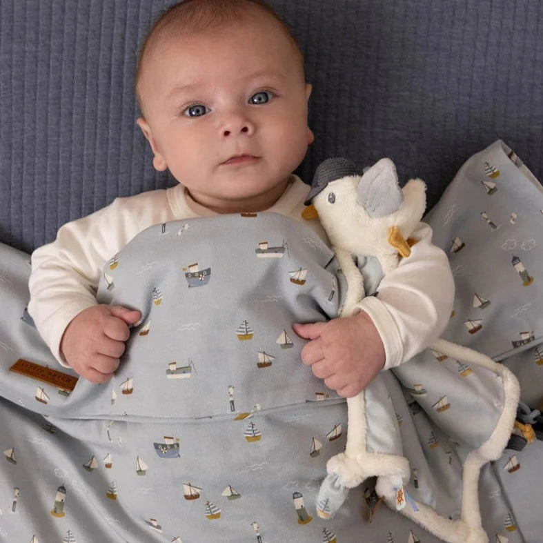 Soft seagul with baby comforter in blue and white with sailboat design