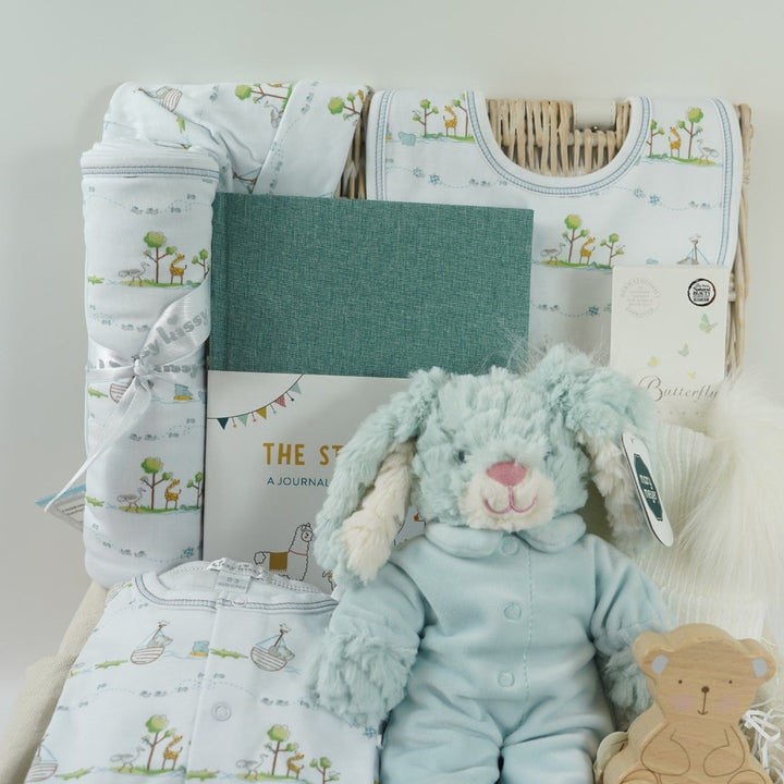 Luxury baby boy hamper, Kissy Kissy prima cotton baby clothing set with Noah's animals, Prima cotton blanket, soft rabbit toy in blue pj's, organic toiletries, Baby journal