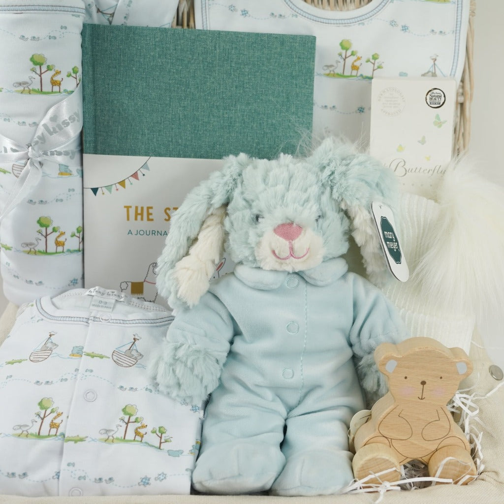 Luxury baby boy hamper, Kissy Kissy prima cotton baby clothing set with Noah's animals, Prima cotton blanket, soft rabbit toy in blue pj's, organic toiletries, Baby journal