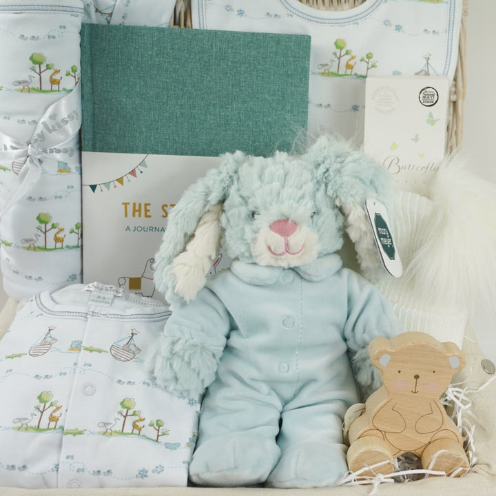 Luxury baby boy hamper, Kissy Kissy prima cotton baby clothing set with Noah's animals, Prima cotton blanket, soft rabbit toy in blue pj's, organic toiletries, Baby journal