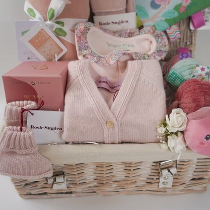 Luxury Baby Girl And Mummy Hamper Baskets, Luxury Pregnancy Gifts, Mum And Baby Cashmere, Luxury Candle, Baby Taggie Sensory Toys, Magnetic Baby Sleepsuit