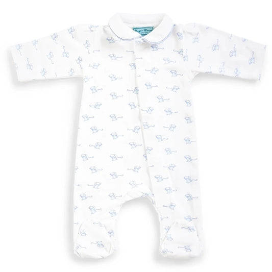 white baby sleepsuit with magnetic fasteners, blue mice and piped blue collar
