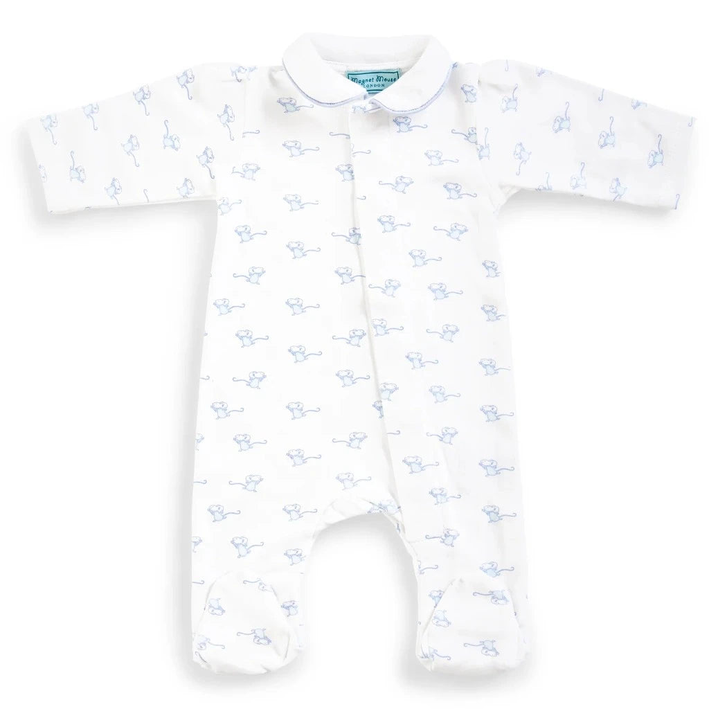 white baby sleepsuit with magnetic fasteners, blue mice and piped blue collar