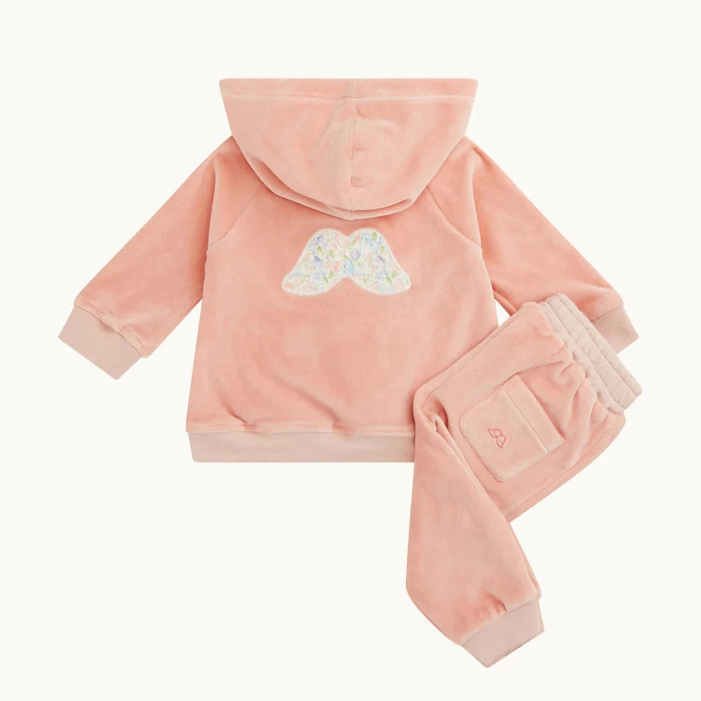 pink velour luxury baby lounge set with angel wings 