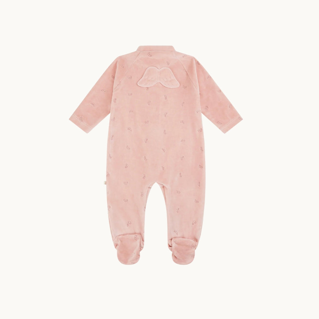 pink velour baby sleepsuit with gold embroidered angel wing design