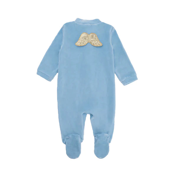 Soft dusty blue velour sleepsuit with gold angel wings by Marie- Chantal, white bodysuit with frilled collar with golf angel wing embroidery
