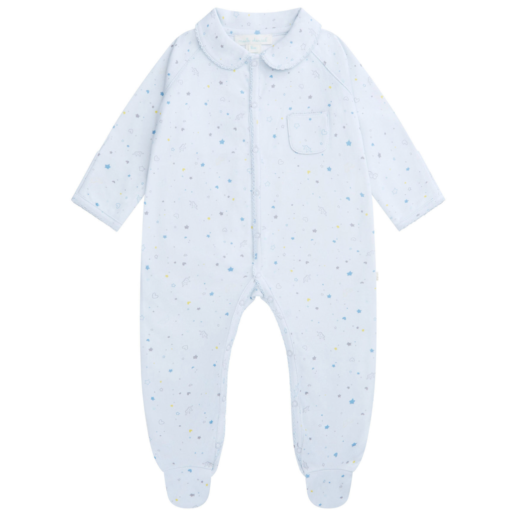 baby sleepsuit with collar and picot edging with star and crown pattern by Marie Chantal