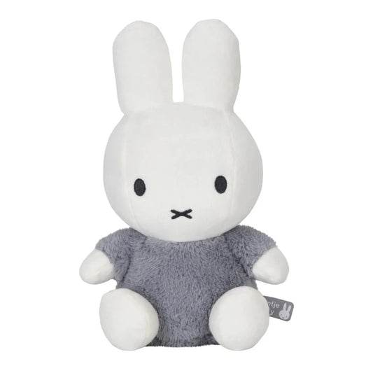 White miffy soft toy with a grey/blue fluffy outfit