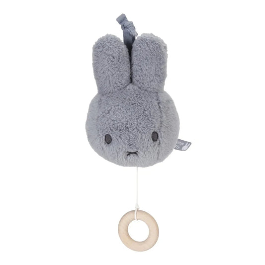 Fluffy Miffy soft toy head music box in blue with pull string and attachment for hanging