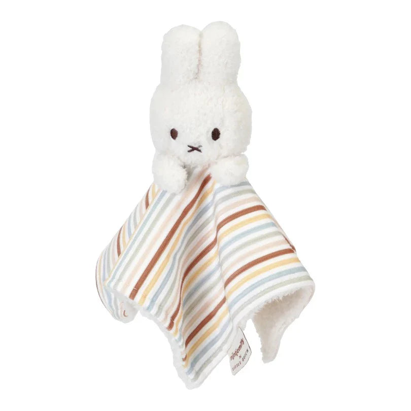 Gift boxed Miffy set includes white Miffy with striped clothing, Matching Miffy comforter and Miffy soft rattle