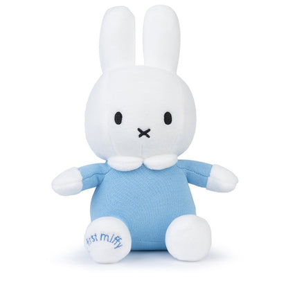 baby boy hamper includes navy baby layette with pale blue tartan teddy design includes a sleepsuit, bodysuit, hat, mittens and bib, white cotton cellular blanket, wooden rabbit stacking toy, dusky blue rabbit comforter, blue knit booties, My First Miffy white toy with a blue outfit