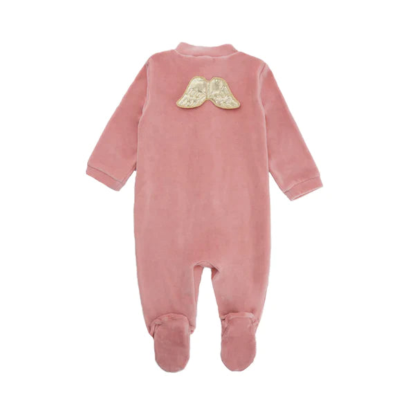 Dusky pink velour baby sleepsuit by Marie chantal with gold angel wings,