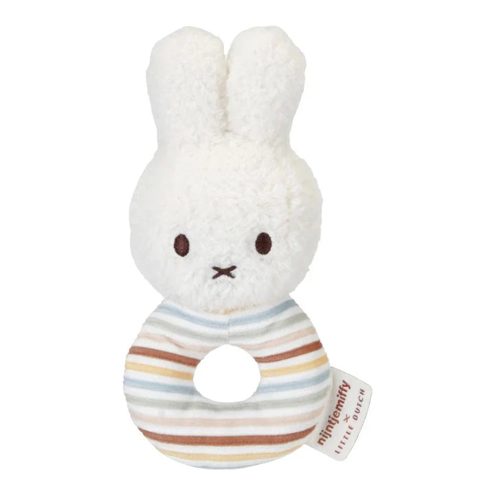 Gift boxed Miffy set includes white Miffy with striped clothing, Matching Miffy comforter and Miffy soft rattle