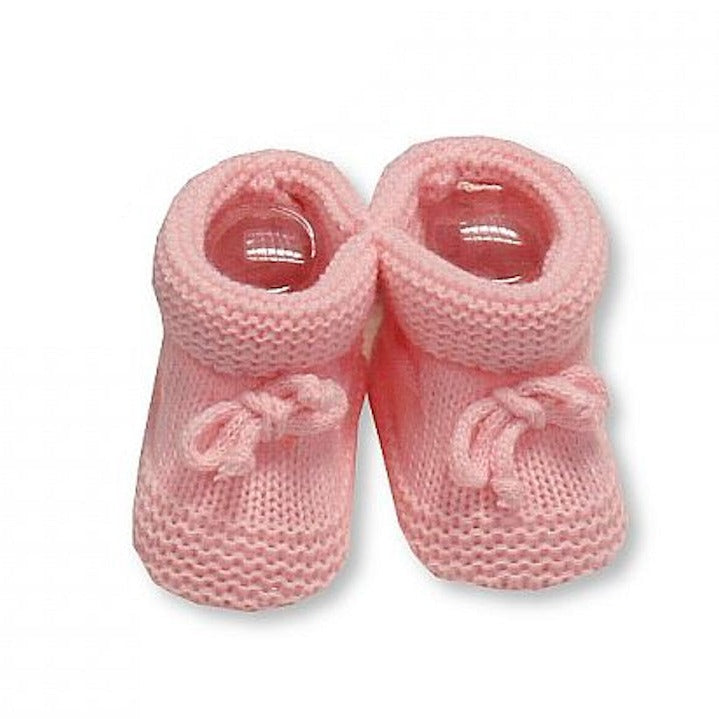 Pink knit baby booties with a tie