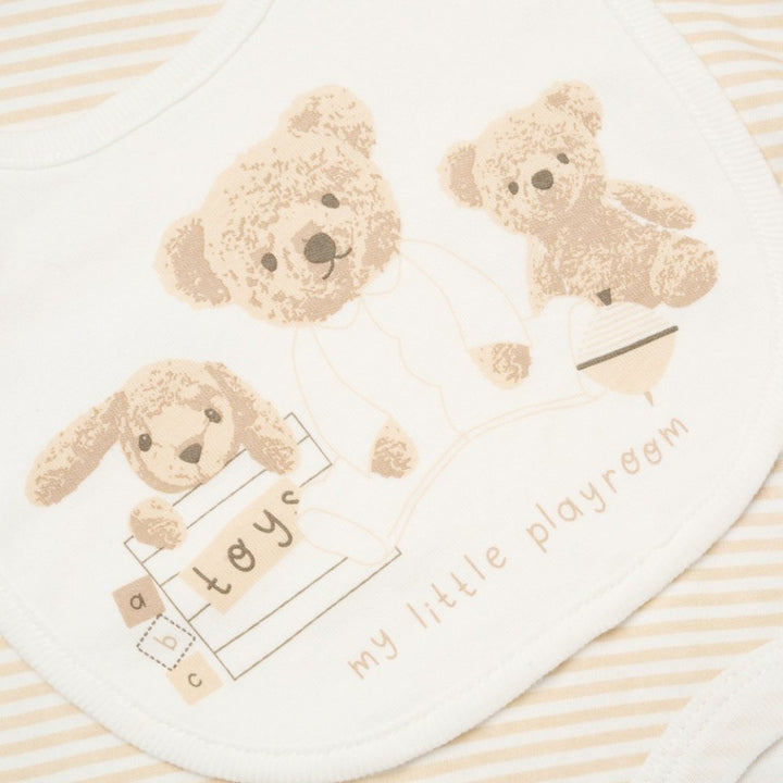 Neutral baby clothing set in white with brown teddies. Hat, bodysuit, leggings, bib, washcloth and booklet 