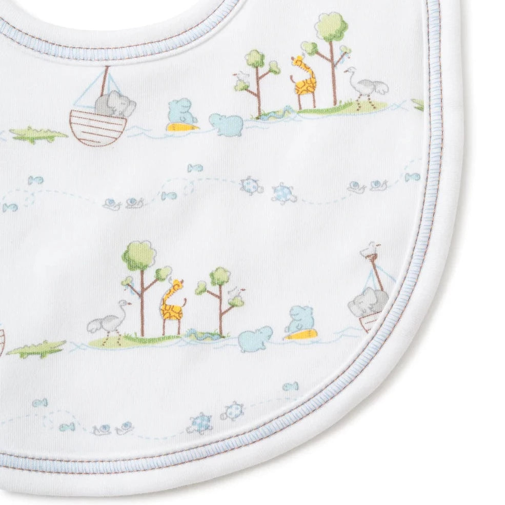 White baby bib in prima cotton with blue accent . Noah's ark and animal design