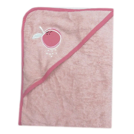 organic pale pink hooded bath towel with darker pink edging and apple design