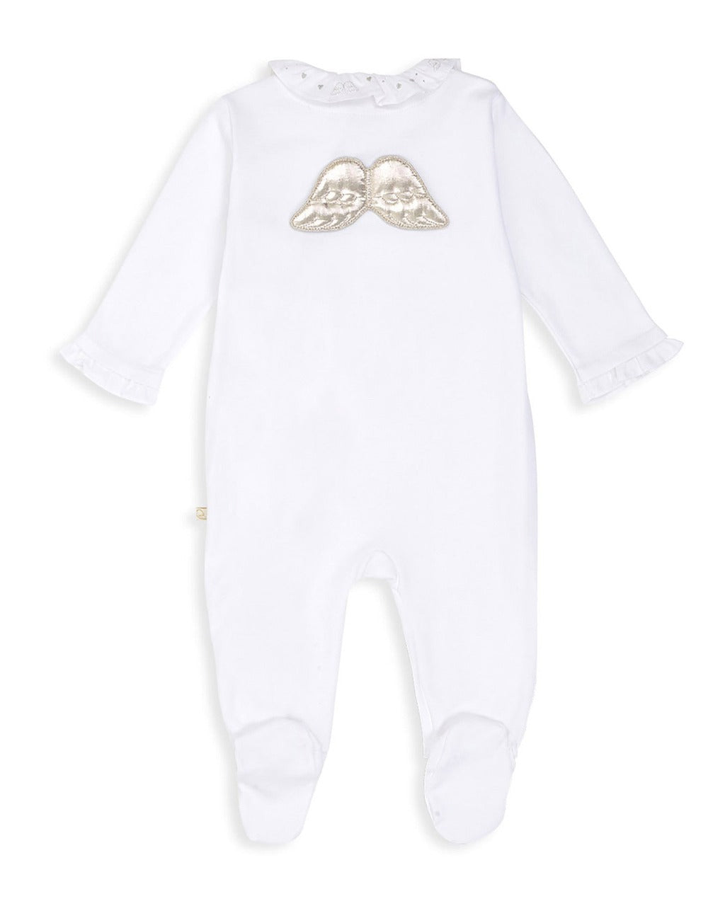white prima cotton sleepsuit with ruffle embroidered collar and silver angel wings 