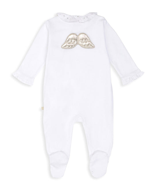 white prima cotton sleepsuit with ruffle embroidered collar and silver angel wings 