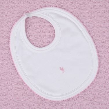 luxury white bib with pink picot edging