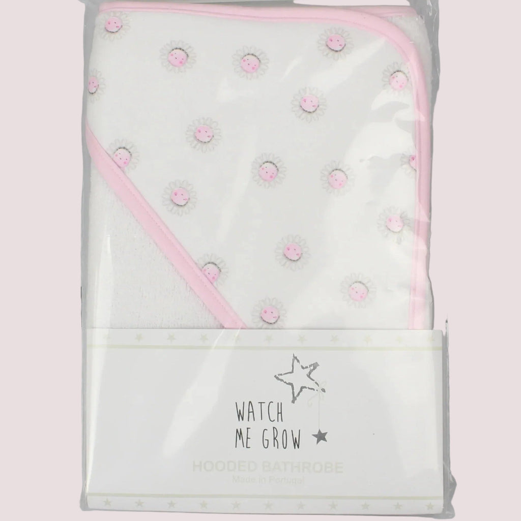 WHITE HOODED BABY BATH TOWEL WITH PINK TRIMMED EDGING AND DAISY DESIGN