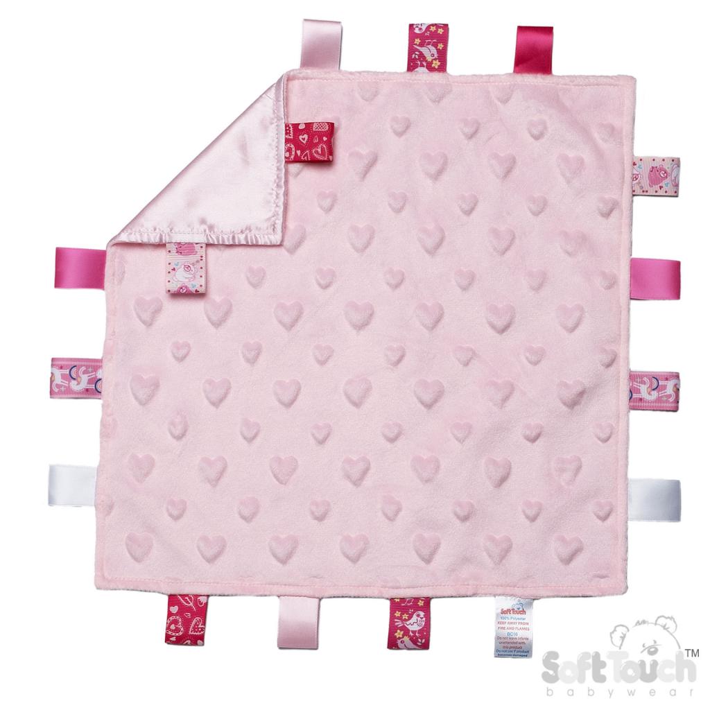 pink baby comforter with ribbon taggies and heart design