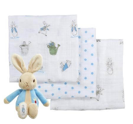 Gift set with soft toy and  three baby muslins in a Peter Rabbit in gift 