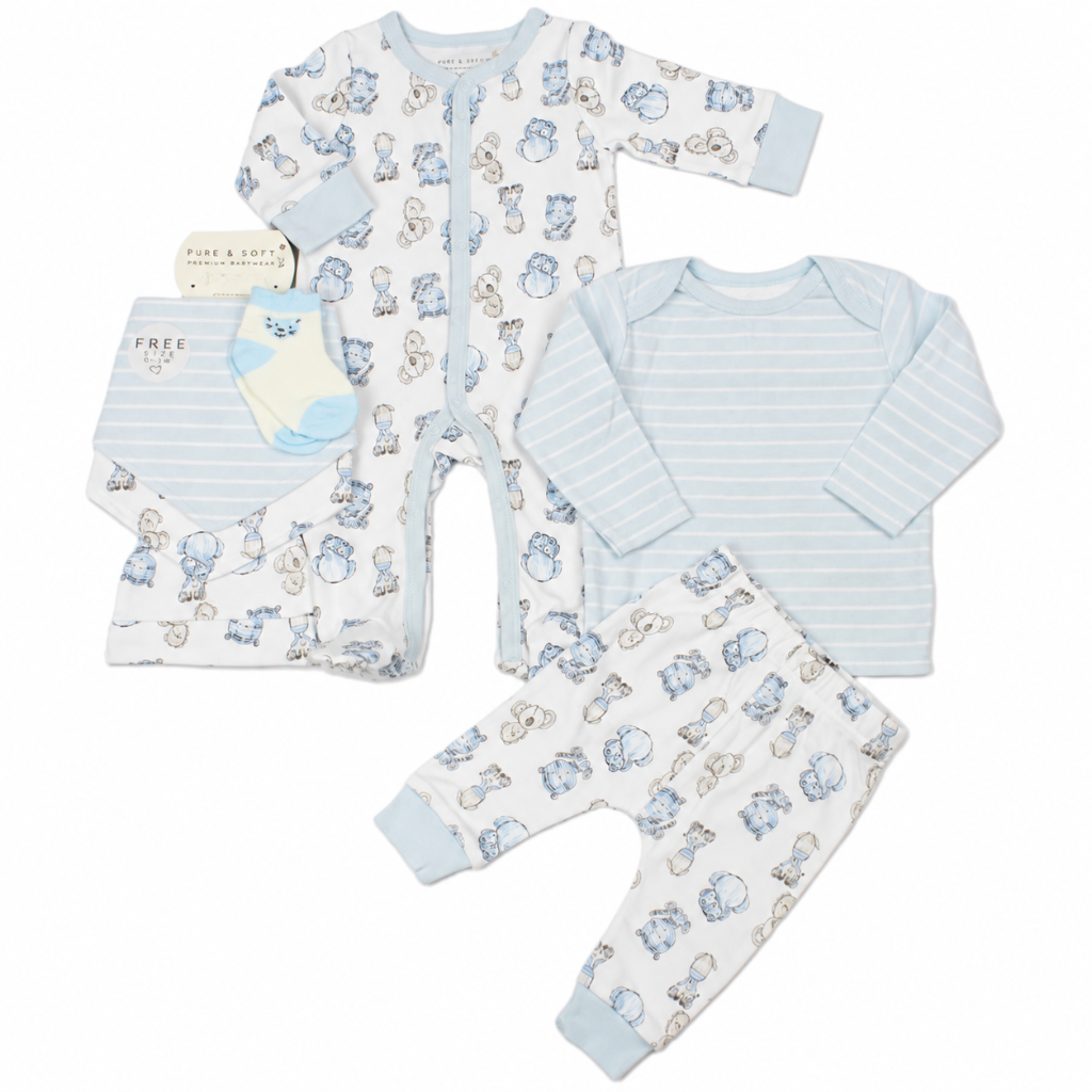baby clothing set in white with safari baby animals, includes sleepsuit, joggets and stiped long sleeve top, socks, 2 bibs