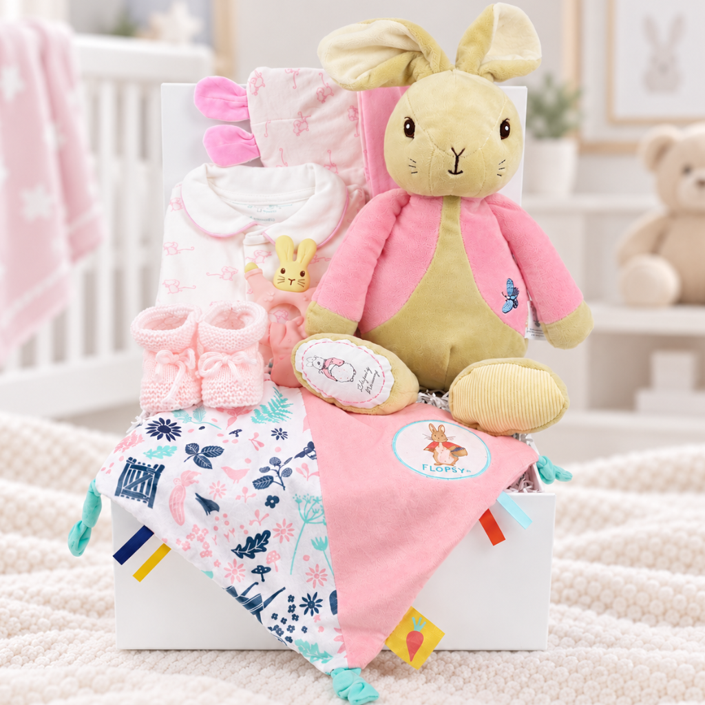 white gift box with baby girl gifts includes flopsy bunny soft toy in a pink jacket, flopsy bunny sensory comforter, magnet mouse white sleepsuit with pink mouse design and matching hat, pink knit baby booties