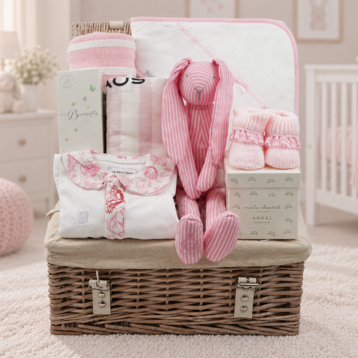 Wicker hamper baby girl gift, includes a soft pink and white blanket, toiletries, soft white baby towel with pink trim, stripy muslin swaddle pink and white, stripe bunny soft toy rattle, baby organic white sleepsuit with floral collar, luxury candle and bootees